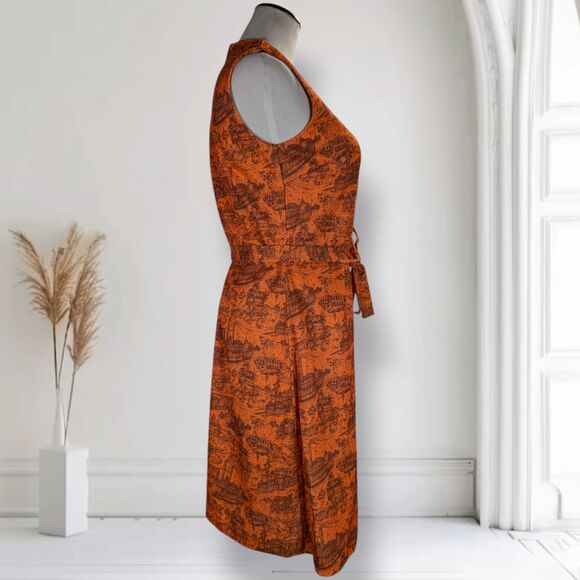 Vintage 60s Mod Belted Shift Dress Size S Orange Americana Print Old West - Picture 3 of 14